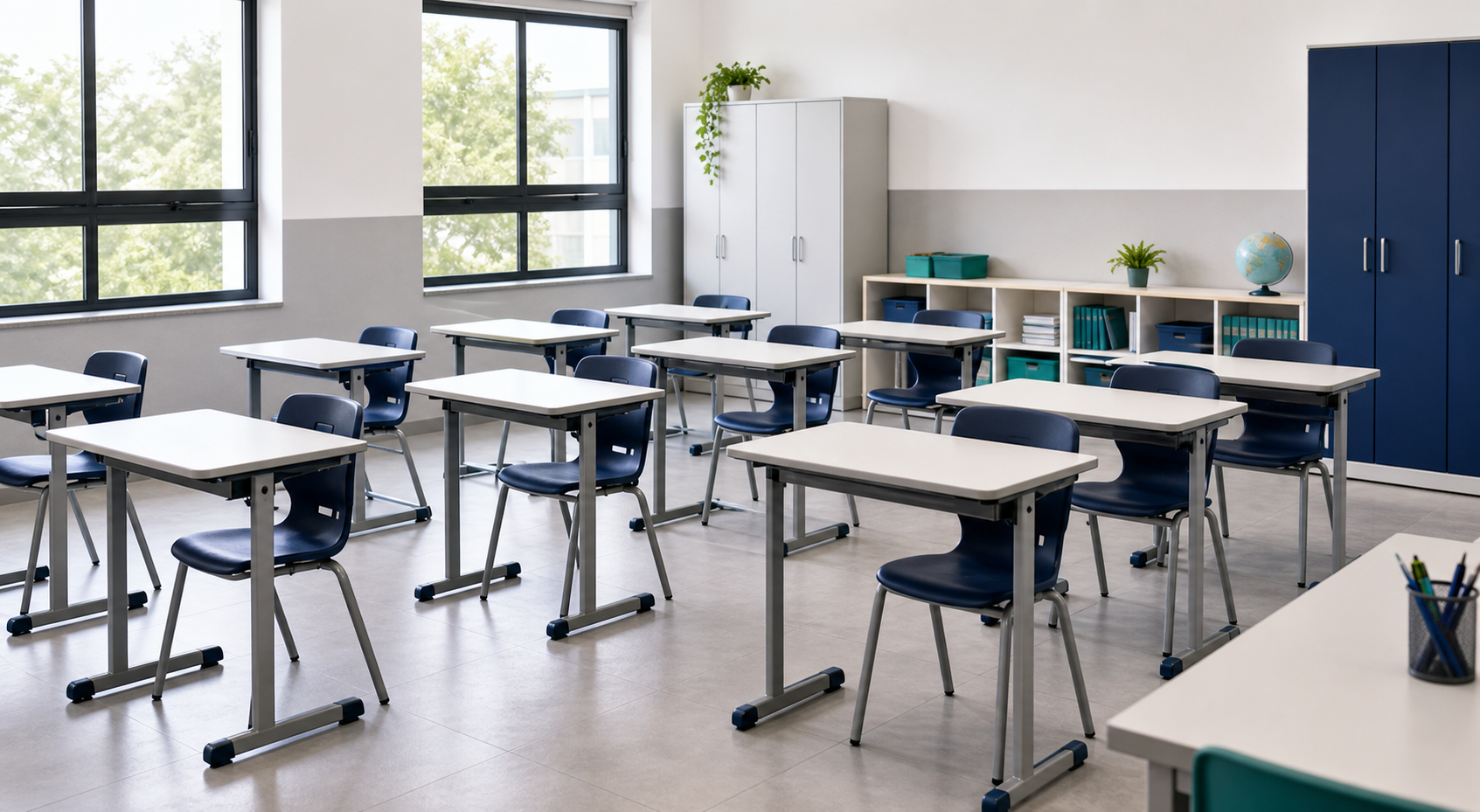 Sala com móveis escolares